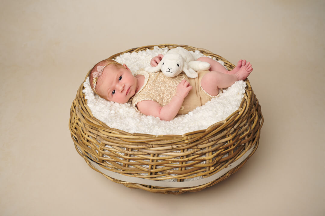 Wach und neugierig in die Kamera schauendes Neugeborenes im Körbchen mit handgemachtem Outfit und Kuscheltier, Studio Neugeborenenfotografie Vohburg